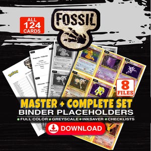 Puede incluir: Un conjunto de descarga digital de 8 archivos con marcadores de posición para carpetas de cartas Pokémon Fossil. Incluye 124 cartas en color, escala de grises y versiones de ahorro de tinta con listas. Muestra imágenes de cartas como Dragonite.