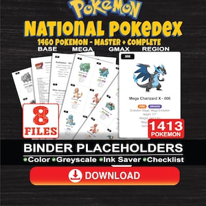1413 Pokémon National Pokedex Master Set map met plaatshouders. Inclusief Mega GMAX en regionale varianten. Squirtle, Charizard en Eevee verzamelobjecten.