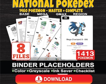 1413 POKEMON NATIONAL Pokedex Master Set Binder Placeholders Includes Mega GMAX and Regional Variants.  Squirtle Charizard Eevee Collectors