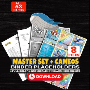 Puede incluir: Una colección digital de 53 marcadores de posición imprimibles para carpetas de cartas coleccionables con varias ilustraciones de Pokémon, incluyendo Magikarp y Wailord. El set incluye 8 archivos a color, escala de grises y ahorro de tinta.