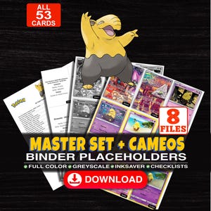 May include: A digital collection of 53 printable trading card binder placeholders featuring the yellow and brown Drowzee character. The set includes 8 files with full color, greyscale, and inksaver options, plus checklists for various card games.