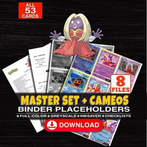May include: A digital collection of 53 trading card binder placeholders featuring the character Jynx. The set includes 8 files with full colour, greyscale, and inksaver options, plus checklists. Text includes ALL 53 CARDS, 8 FILES, MASTER SET + CAMEOS BINDER PLACEHOLDERS, FULL COLOUR, GREYSCALE, INKSAVER, CHECKLISTS, DOWNLOAD, and additional text regarding other available card sets.