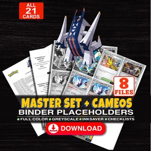 Könnte beinhalten: Eine digitale Sammlung von 21 Sammelkarten-Ordner-Platzhaltern mit der Figur Archaludon. Das Set enthält 8 Dateien in Farbe, Graustufen und Tintensparmodus sowie Checklisten. Der Text lautet: MASTER SET + CAMEOS BINDER PLACEHOLDERS.