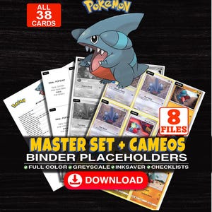 Puede incluir: Una colección digital de 38 marcadores de posición para carpetas de cartas coleccionables Pokemon Gible en 8 archivos. La imagen muestra un personaje Gible azul, listas de control y el texto MASTER SET + CAMEOS BINDER PLACEHOLDERS y DOWNLOAD.