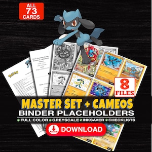 Puede incluir: Una colección digital de 73 marcadores de posición para carpetas de cartas coleccionables Riolu con opciones a color, escala de grises y ahorro de tinta. El set incluye 8 archivos con listas de verificación, ilustraciones de Riolu y el texto MASTER SET + CAMEOS BINDER PLACEHOLDERS.