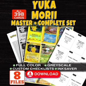 May include: A digital collection of 398 Yuka Morii trading cards featuring a master and complete set. The set includes eight files with full color and greyscale custom checklists for Pokemon, One Piece, MTG, Yu-Gi-Oh, and Lorcana card sets.