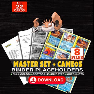 May include: A digital collection of 22 Kingler trading card binder placeholders featuring full color and greyscale designs. The set includes 8 files with checklists, showcasing various card illustrations and text labels for organization and display.