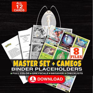 May include: A digital collection of 12 Pokémon trading card binder placeholders featuring Pheromosa, including full color, greyscale, and inksaver versions with checklists. The text reads ALL 12 CARDS, 8 FILES, MASTER SET + CAMEOS BINDER PLACEHOLDERS, and DOWNLOAD.