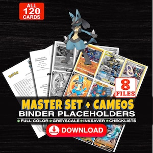 Puede incluir: Una colección digital de 120 marcadores de posición para carpetas de cartas coleccionables con Lucario, titulada Master Set + Cameos. El set incluye 8 archivos a todo color, escala de grises y ahorro de tinta, más listas. Texto: ALL 120 CARDS, 8 FILES, DOWNLOAD.