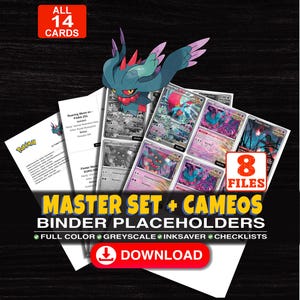 Könnte beinhalten: Eine digitale Sammlung von Sammelkarten-Ordner-Platzhaltern mit Illustrationen von Roaring Moon und Flutter Mane. Das Set enthält 14 Karten in 8 Dateien mit Optionen für Vollfarbe, Graustufen, Tintensparmodus sowie Checklisten für Pokemon, One Piece, MTG, Yu-Gi-Oh und Lorcana.