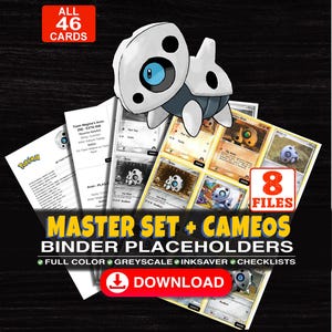 May include: A digital collection of 46 Aron Pokemon card binder placeholders across 8 files. The image features a graphic of the character Aron, text reading MASTER SET + CAMEOS BINDER PLACEHOLDERS, and a download button icon on a black background.