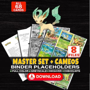 Puede incluir: Una colección digital de 68 marcadores de carpeta para cartas coleccionables Pokémon con Leafeon. El set incluye 8 archivos a color, escala de grises y ahorro de tinta, además de listas. Texto: MASTER SET + CAMEOS BINDER PLACEHOLDERS.