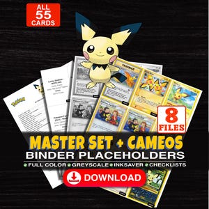 Puede incluir: Una colección digital de 55 marcadores de posición para carpetas de cartas coleccionables con un personaje Pichu amarillo. El set incluye 8 archivos a color, escala de grises y ahorro de tinta, más listas. Texto: MASTER SET + CAMEOS.