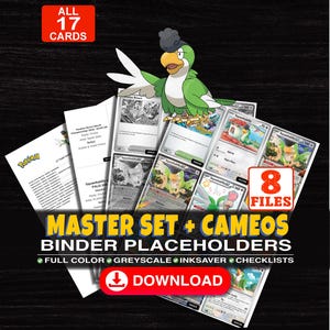 Könnte beinhalten: Eine digitale Sammlung von 17 Pokémon-Sammelkarten-Ordner-Platzhaltern mit Squawkabilly, inklusive 8 Dateien in Farbe, Graustufen und Tintensparmodus. Text: ALL 17 CARDS, 8 FILES, MASTER SET + CAMEOS BINDER PLACEHOLDERS, DOWNLOAD.