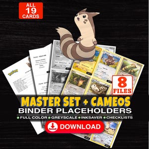 Może przedstawiać: Kolekcja cyfrowych wypełniaczy do segregatorów na karty kolekcjonerskie z ilustracją Furret. Tekst zawiera ALL 19 CARDS, 8 FILES, MASTER SET + CAMEOS BINDER PLACEHOLDERS, FULL COLOR, GREYSCALE, INKSAVER, CHECKLISTS, DOWNLOAD oraz dodatkowy tekst.