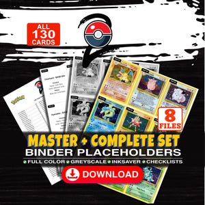 May include: A digital collection of 130 trading card binder placeholders across 8 files. The image displays full-color and greyscale card layouts, checklists, and the text: ALL 130 CARDS, MASTER + COMPLETE SET BINDER PLACEHOLDERS, and DOWNLOAD.
