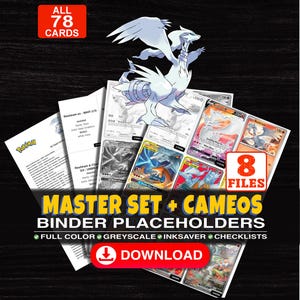Puede incluir: Una colección digital de 78 marcadores de carpeta para cartas Pokémon con Reshiram, incluyendo 8 archivos a todo color, escala de grises y ahorro de tinta. El texto dice: ALL 78 CARDS, 8 FILES, MASTER SET + CAMEOS BINDER PLACEHOLDERS, DOWNLOAD.