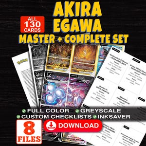 May include: A digital collection of 130 Akira Egawa trading cards featuring a master complete set. The image displays colorful and greyscale card checklists with text including ALL 130 CARDS MASTER + COMPLETE SET, FULL COLOR, GREYSCALE, INKSAVER, and 8 FILES.