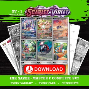 May include: A promotional image for a Pokemon card set, featuring the "Scarlet & Violet" logo and various trading cards. The image includes the word "DOWNLOAD" in a red button, and text that reads "INK SAVER • MASTER & COMPLETE SET".