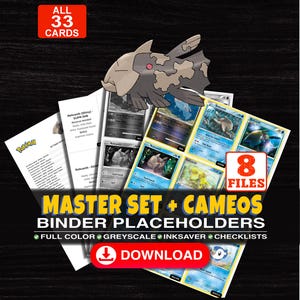 Puede incluir: Una colección digital de 33 marcadores de posición para carpetas de cartas coleccionables Pokémon con Relicanth, incluyendo 8 archivos a todo color, escala de grises y ahorro de tinta. Incluye listas y el texto MASTER SET + CAMEOS BINDER PLACEHOLDERS.
