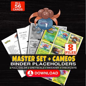 May include: A digital collection of 56 printable trading card binder placeholders featuring the Pokemon Gloom. The set includes 8 files with full colour, greyscale, and inksaver options, plus checklists. Text includes MASTER SET + CAMEOS BINDER PLACEHOLDERS.