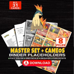 May include: A digital collection of 31 printable trading card binder placeholders featuring a central illustration of the Pokemon Quilava. The set includes 8 files with full color, greyscale, and inksaver options, plus checklists for various card games.