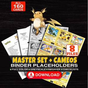 Puede incluir: Una colección digital de 160 marcadores para carpetas de cartas coleccionables con ilustraciones de Raichu. La imagen muestra 8 archivos que incluyen listas a todo color, en escala de grises y de ahorro de tinta con el texto MASTER SET + CAMEOS.