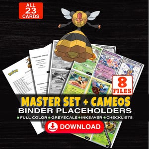 Pode incluir: Uma coleção digital de 23 marcadores de posição imprimíveis para fichários de cartas colecionáveis com o Pokémon Vespiquen. O conjunto inclui 8 arquivos em cores, escala de cinza e economia de tinta, além de listas. Texto: MASTER SET + CAMEOS BINDER PLACEHOLDERS.