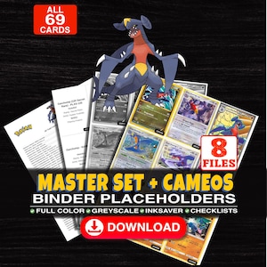 Puede incluir: Una colección digital de 69 marcadores de posición para carpetas de cartas coleccionables Garchomp en 8 archivos. El gráfico presenta una ilustración central de Garchomp, vistas previas de cartas y texto como MASTER SET + CAMEOS BINDER PLACEHOLDERS.