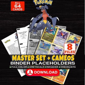 Puede incluir: Una colección digital de 64 marcadores de posición para carpetas de cartas coleccionables Pokémon Garchomp en 8 archivos. La imagen muestra al personaje Garchomp, el texto MASTER SET + CAMEOS BINDER PLACEHOLDERS y un botón de descarga rojo.
