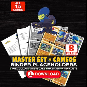 Könnte beinhalten: Eine digitale Sammlung von 15 Grapploct-Sammelkarten-Ordner-Platzhaltern, inklusive 8 Dateien mit Farb-, Graustufen- und Tintensparoptionen. Das Set enthält verschiedene Kartenillustrationen, Checklisten und den Text MASTER SET + CAMEOS.