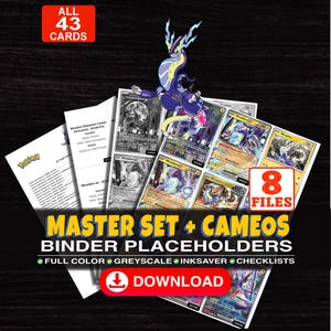 Puede incluir: Una colección digital de 43 marcadores de posición para carpetas de cartas coleccionables Pokémon con Miraidon, incluyendo opciones a todo color, escala de grises y ahorro de tinta con listas. 8 archivos para descargar con el texto Master Set + Cameos Binder Placeholders.