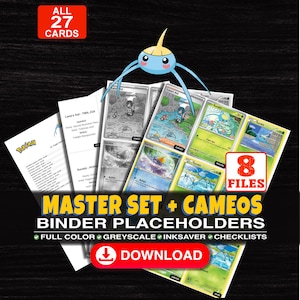 Könnte beinhalten: Eine digitale Sammlung von 27 Sammelkarten-Ordner-Platzhaltern mit Surskit und Lana's Aid. Das Set enthält 8 Dateien in Farbe, Graustufen und Tintensparmodus sowie Checklisten. Text: MASTER SET + CAMEOS BINDER PLACEHOLDERS.