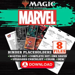 以下が含まれることがあります： マジック：ザ・ギャザリング マーベルカードバインダープレースホルダーのプロモーション画像。画像には、マジック：ザ・ギャザリングとマーベルのロゴ、カード画像、および「バインダープレースホルダー」、「マスターセット」、「ダウンロード」というテキストが表示されています。
