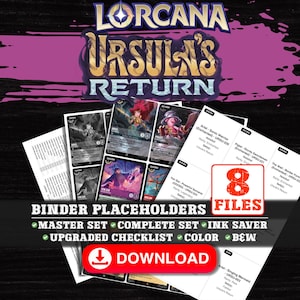 May include: A digital collection of Disney Lorcana Ursula's Return binder placeholders featuring 8 files. The display includes various trading card images, text labels, and a red download button. The design includes text such as Master Set, Complete Set, Ink Saver, Upgraded Checklist, Color, and B&W.
