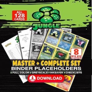Puede incluir: Un conjunto de descarga digital de 8 archivos de marcadores de posición para carpetas de una colección de 128 cartas Jungle. El gráfico presenta un logo verde, vistas previas de cartas a color, listas de verificación y texto MASTER + COMPLETE SET.