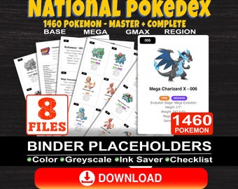1460 POKEMON NATIONAL Pokedex Master Set Binder Placeholders Includes Mega GMAX and Regional Variants.  Squirtle Charizard Eevee Collectors