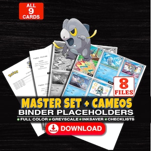 Op de afbeelding: Een digitale collectie van 8 bestanden met 9 Pokémon Frigibax ruilkaart-map-placeholders. De set bevat full-color, grijstinten en inktbesparende opties, samen met checklists. Tekst: MASTER SET + CAMEOS BINDER PLACEHOLDERS.