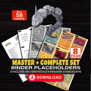 Op de afbeelding: Een digitale collectie van 58 ruilkaart-map-placeholders met een illustratie van het rots-type wezen Onix. De set bevat 8 bestanden met opties voor kleur, grijstinten en inktbesparing, plus checklists voor diverse kaartspellen.