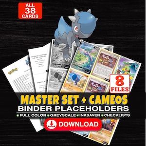 May include: A digital collection of 38 printable trading card binder placeholders featuring a Cranidos character illustration. The set includes 8 files with full color, greyscale, and ink-saver options, plus checklists for various card games.