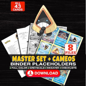 Puede incluir: Una colección digital de 43 plantillas imprimibles para carpetas de cartas coleccionables con el personaje Snorunt. El set incluye 8 archivos a todo color, escala de grises y ahorro de tinta, además de listas. Texto: MASTER SET + CAMEOS BINDER PLACEHOLDERS.