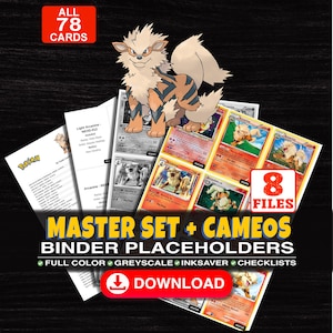 Puede incluir: Una colección digital de 78 tarjetas de marcador de posición para carpetas con Arcanine, organizada en 8 archivos. El conjunto incluye opciones a todo color, escala de grises y ahorro de tinta con listas. Texto: ALL 78 CARDS, 8 FILES, MASTER SET + CAMEOS BINDER PLACEHOLDERS.