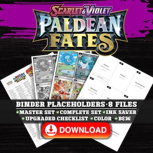 May include: A digital download graphic featuring the "Scarlet & Violet Paldean Fates" logo with trading card images. Text includes "Binder Placeholders," "Master Set," and a "Download" button. The background is dark with purple accents.