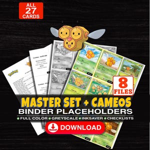 Puede incluir: Una colección de 27 marcadores imprimibles para carpetas de cartas coleccionables con el Pokemon Combee. El set incluye 8 archivos con opciones a todo color, escala de grises, ahorro de tinta y listas. El texto incluye ALL 27 CARDS, 8 FILES, MASTER SET + CAMEOS BINDER PLACEHOLDERS, FULL COLOR, GREYSCALE, INKSAVER, CHECKLISTS, DOWNLOAD, y texto adicional sobre otros sets de cartas disponibles.