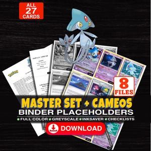 Könnte beinhalten: Eine digitale Sammlung von 27 Platzhaltern für Pokémon-Sammelkartenordner mit der Figur Selfe. Das Set enthält 8 Dateien in Farbe, Graustufen und Tintensparmodus sowie Checklisten. Text: ALL 27 CARDS, 8 FILES, MASTER SET + CAMEOS BINDER PLACEHOLDERS, FULL COLOR, GREYSCALE, INKSAVER, CHECKLISTS, DOWNLOAD, ALL POKEMON, ONE PIECE, MTG SETS, YU-GI-OH, AND LORCANA SETS AVAILABLE, CAN'T FIND WHAT YOU'RE LOOKING FOR? JUST ASK!