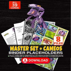 Può includere: Una collezione digitale di 39 segnaposto per raccoglitori di carte collezionabili Genesect con 8 file. L'immagine mostra varie carte Genesect a colori e in scala di grigi, con testo che include ALL 39 CARDS, 8 FILES, MASTER SET + CAMEOS, BINDER PLACEHOLDERS e DOWNLOAD.