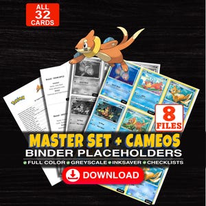 May include: A digital collection of 32 printable trading card binder placeholders featuring Buizel. The set includes 8 files with full color, greyscale, and ink-saver options, plus checklists. Text includes MASTER SET + CAMEOS BINDER PLACEHOLDERS.