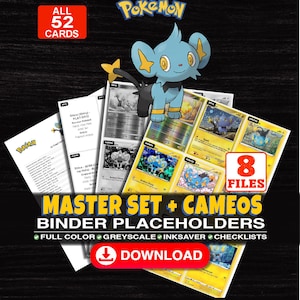 Può includere: Una collezione digitale di 52 segnaposto per raccoglitori di carte collezionabili Pokémon con un'illustrazione del personaggio Shinx. Il set include 8 file a colori, in scala di grigi e in modalità risparmio inchiostro, più liste.