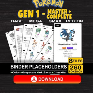 Gen 1 Kanto Master Set Binder Placeholders - Includes Mega GMAX and Regional Variants.  Squirtle Bulbasaur Charizard Eevee Collectors