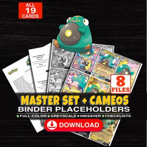 Puede incluir: Una colección digital de 19 marcadores de carpeta para cartas coleccionables Pokemon con Bellibolt. El set incluye 8 archivos con opciones a todo color, escala de grises y ahorro de tinta, además de listas. Texto: ALL 19 CARDS, 8 FILES, MASTER SET + CAMEOS BINDER PLACEHOLDERS, DOWNLOAD.